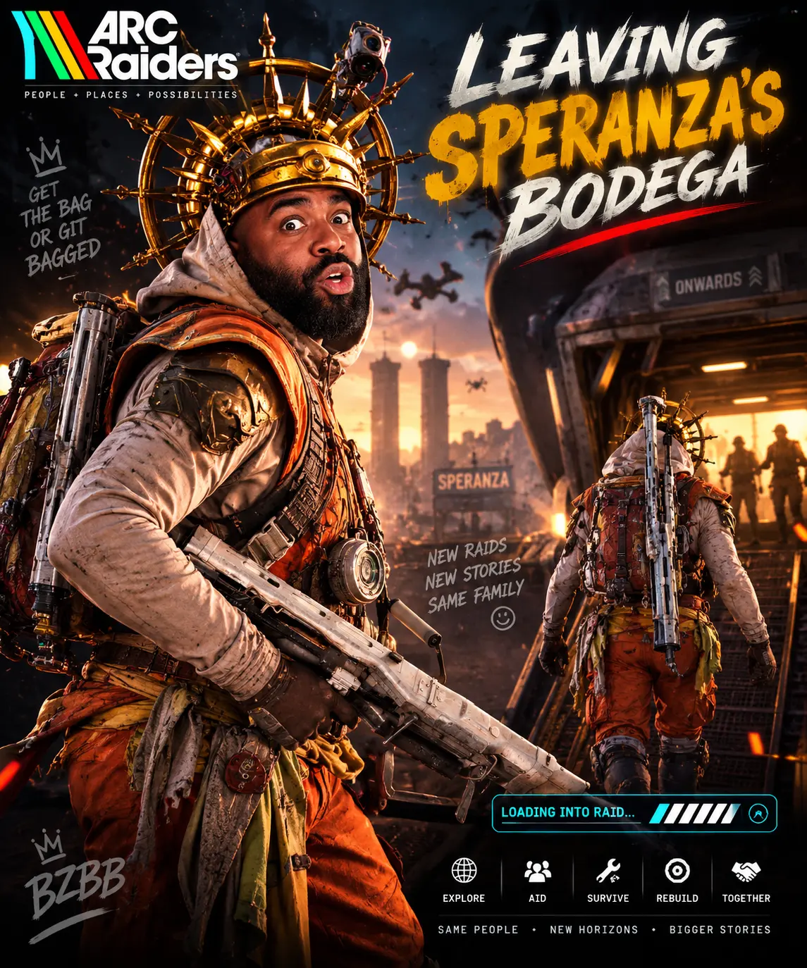 BZBB in Raider gear leaving Speranza's Bodega